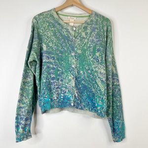 Sundance Button Cardigan Sweater Womens Large Blue Green Cotton Abstract Floral